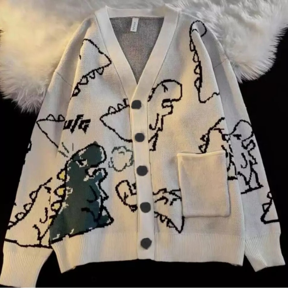 Dinosaur Cardigan sweater pocket cartoon fun animals CREAM IVORY WHITE button